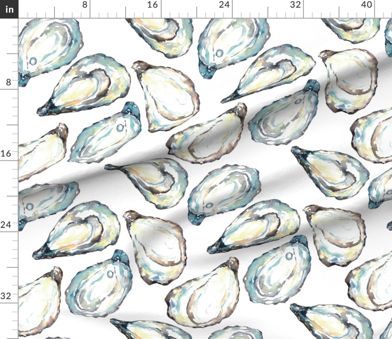 Coastal Watercolor Oyster Shells Large Scale Ocean Life Seashell White Blue Yellow Soft Pastel Modern Nautical Custom Printed Fabric by Spoonflower Various Fabrics by the Yard or Fat Quarter